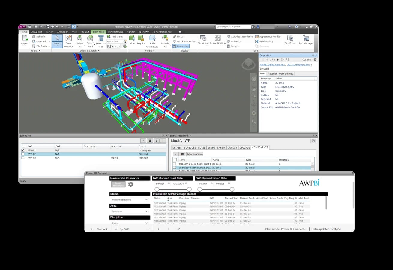 Navisworks Add-ins: the model with the work package docks open, and the Power BI Connect dock over it