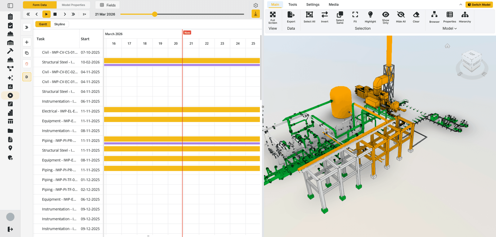 openAWP: a 4D schedule simulation, the model colored by activity status at the playback date
