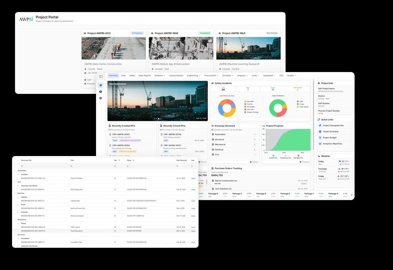 Project Portal: the project picker, the project dashboard it opens, and the drawing register underneath