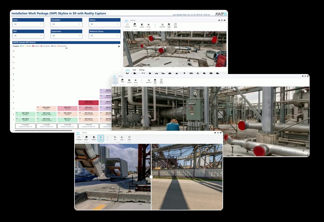 Reality Capture: a work package report carrying a site capture, the viewer opened full screen, and two captures compared side by side