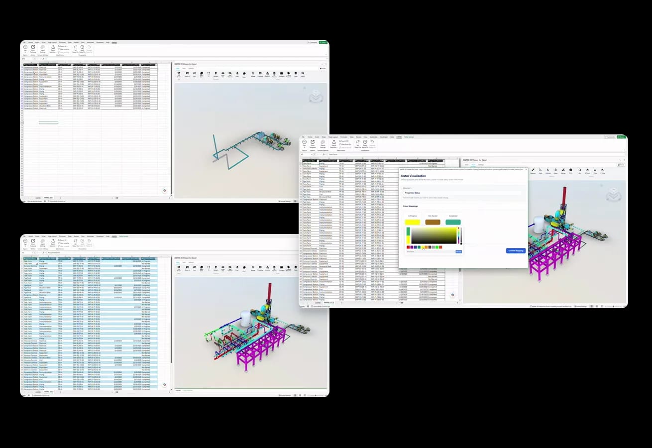3D for Excel: two linked worksheet and model windows, with status colour mapping open over them