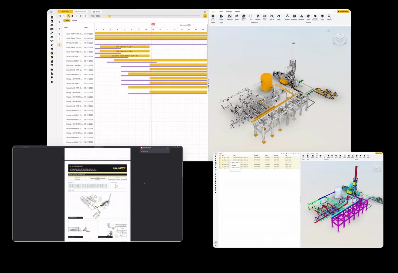 openAWP: a 4D playback board with a generated 3D status report and the IWP register open over it