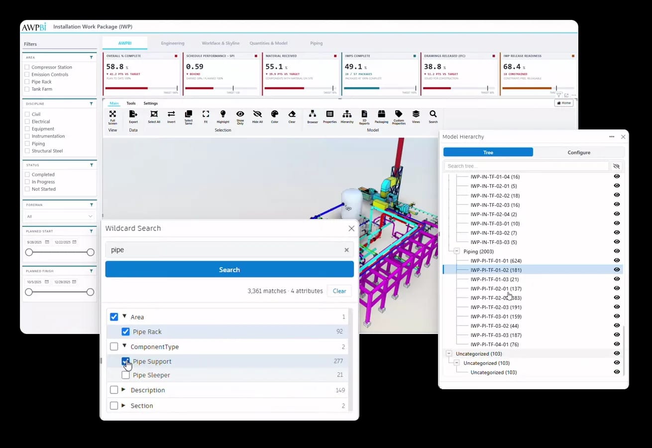 3D for Power BI: an IWP report with the model hierarchy and wildcard search panels open over the 3D model