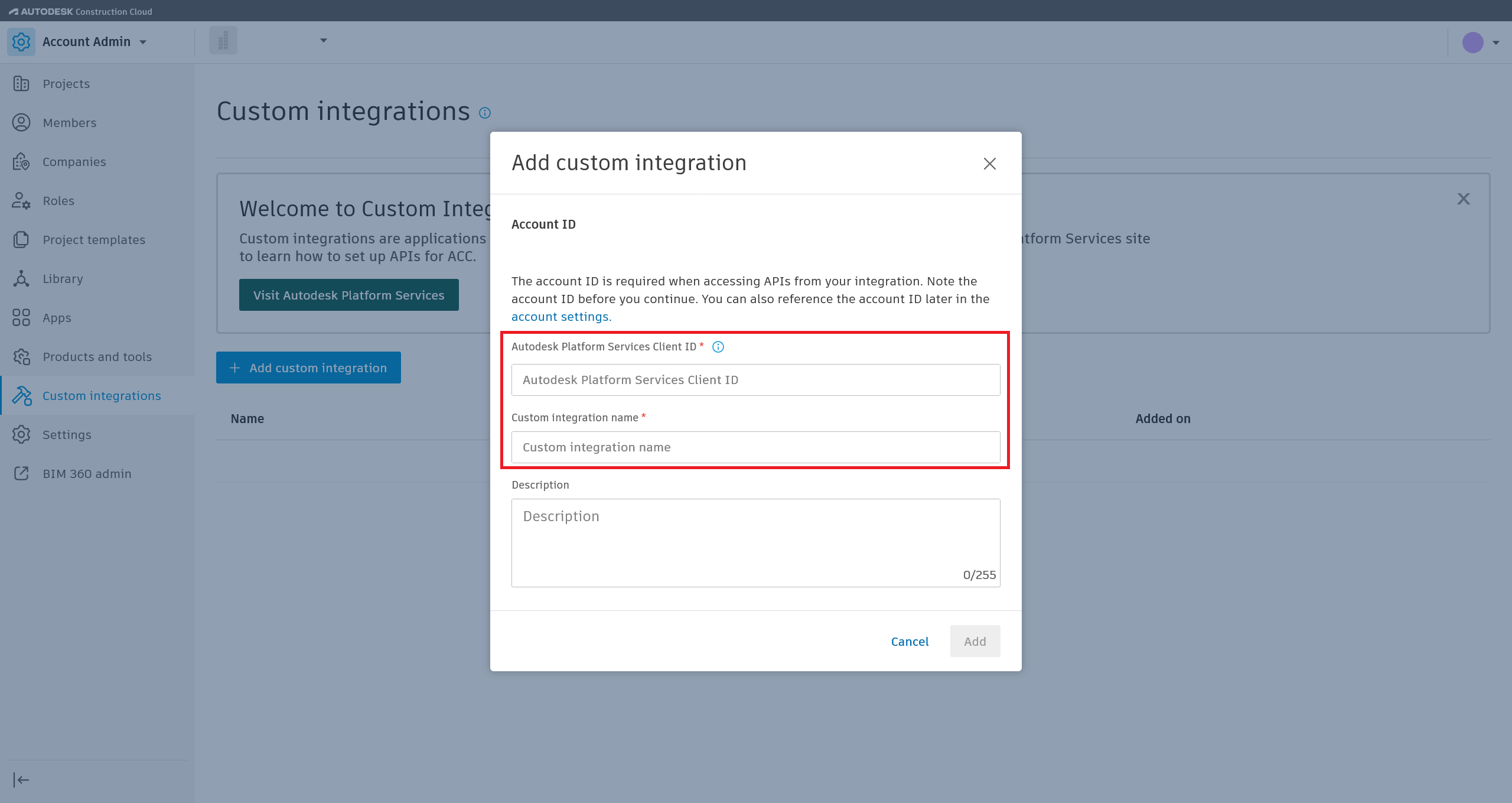 Adding a custom integration with the Client ID and Application Name