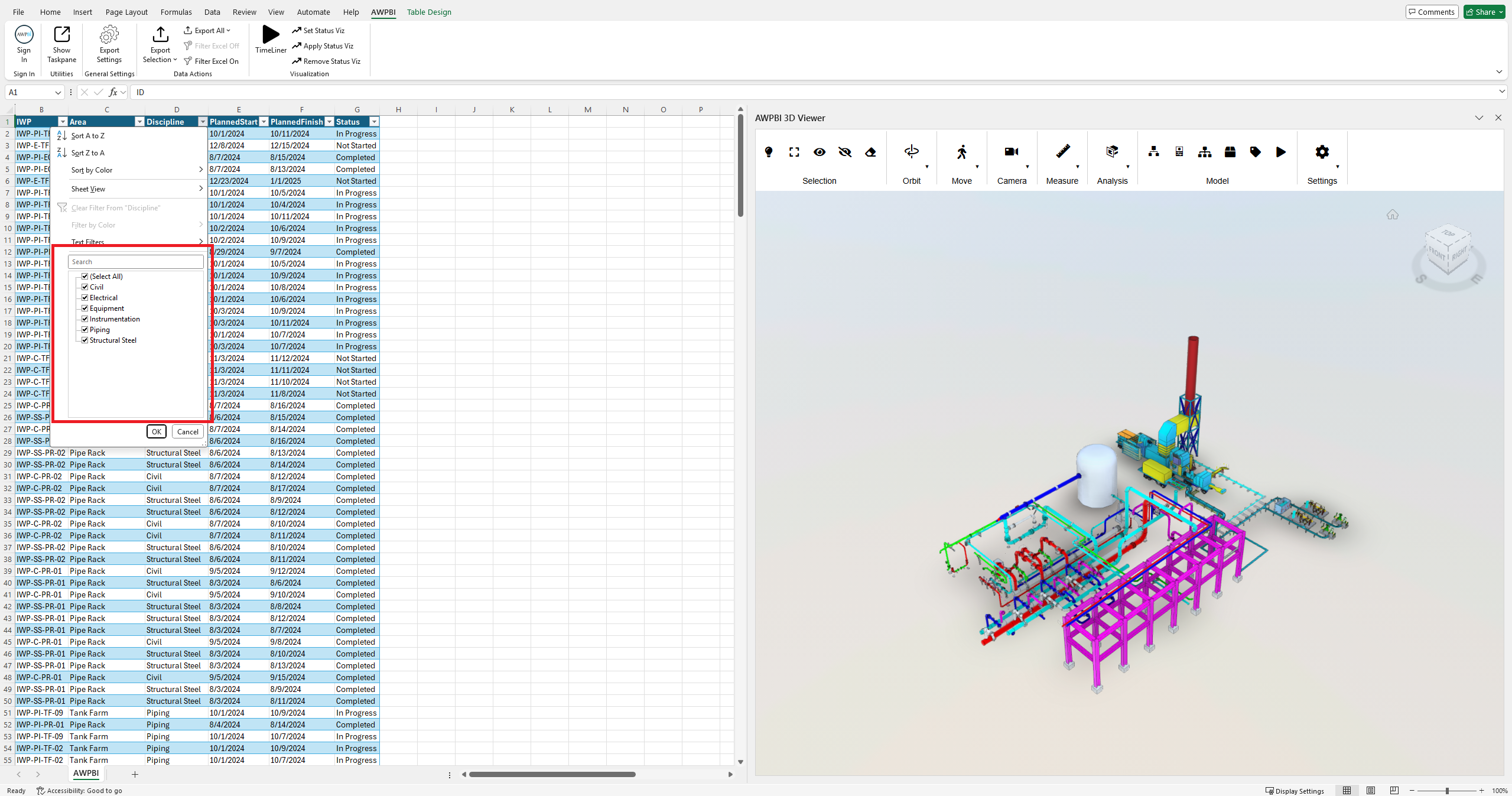 The worksheet and model after a column filter is applied