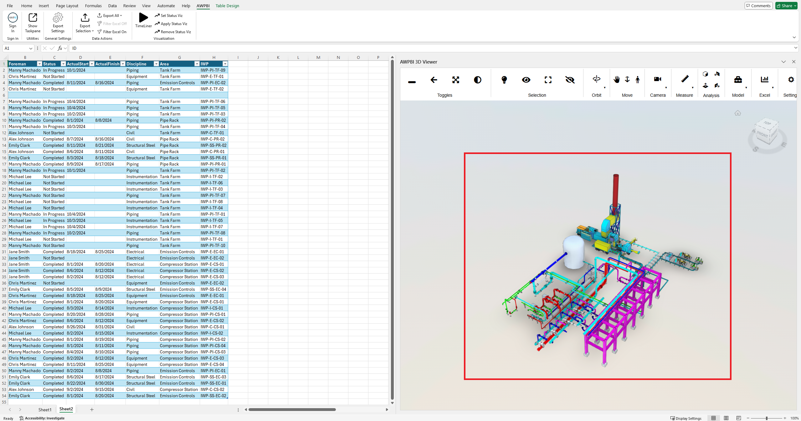 Objects selected in the viewer with the flat table filtered to their rows