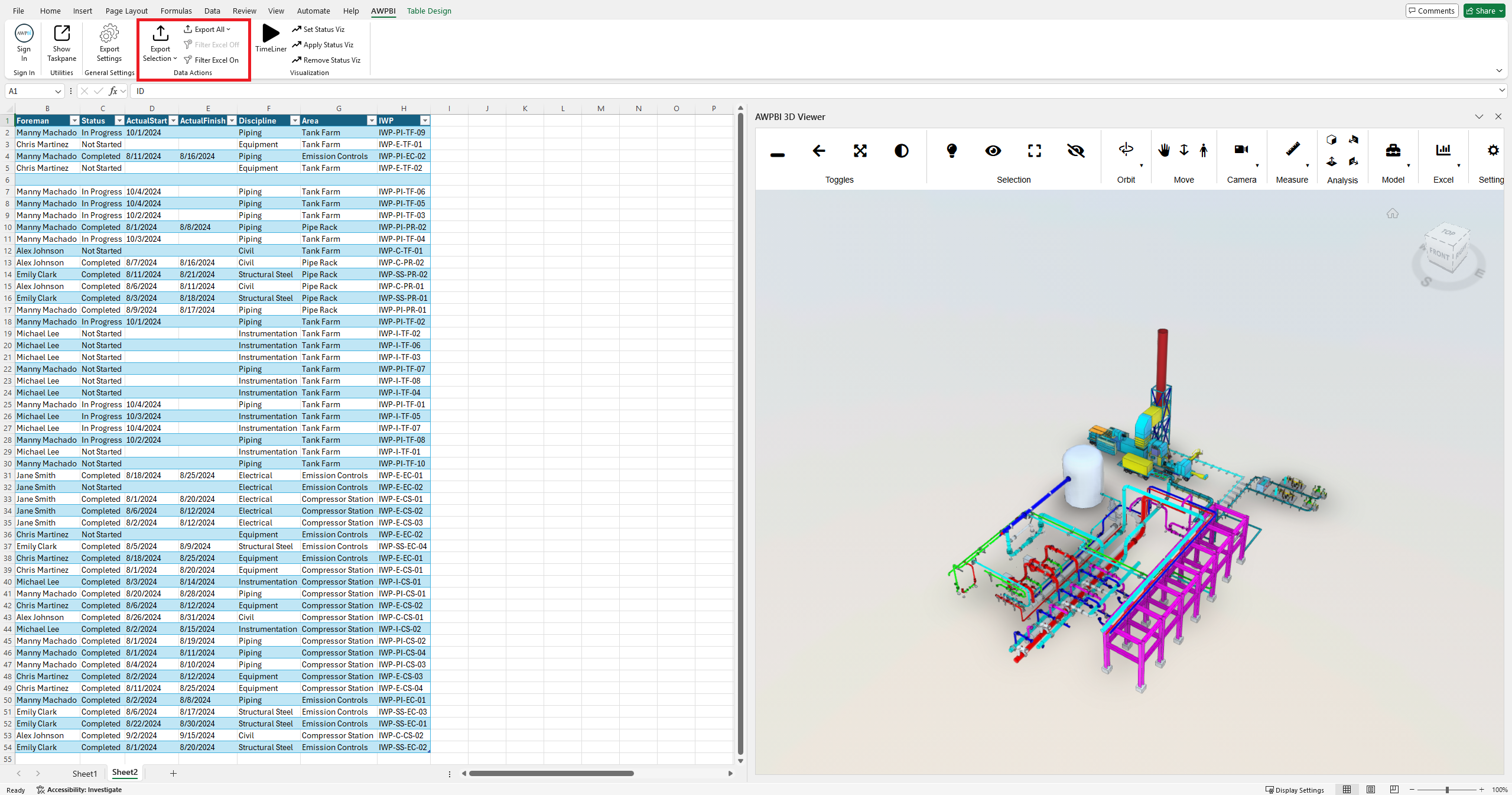 The same selection filtering a pivot table export