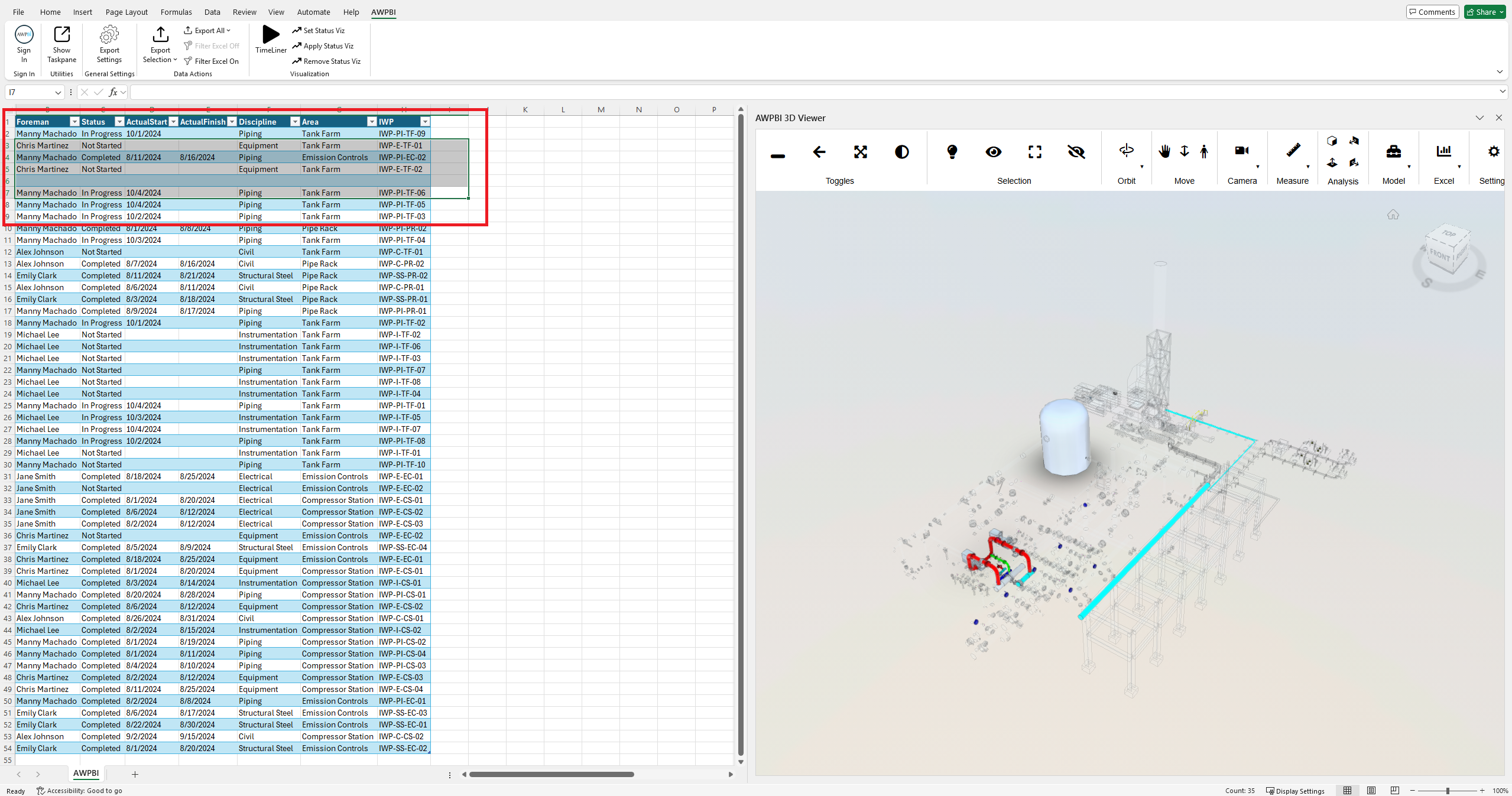 A worksheet row selection driving the linked objects in the viewer