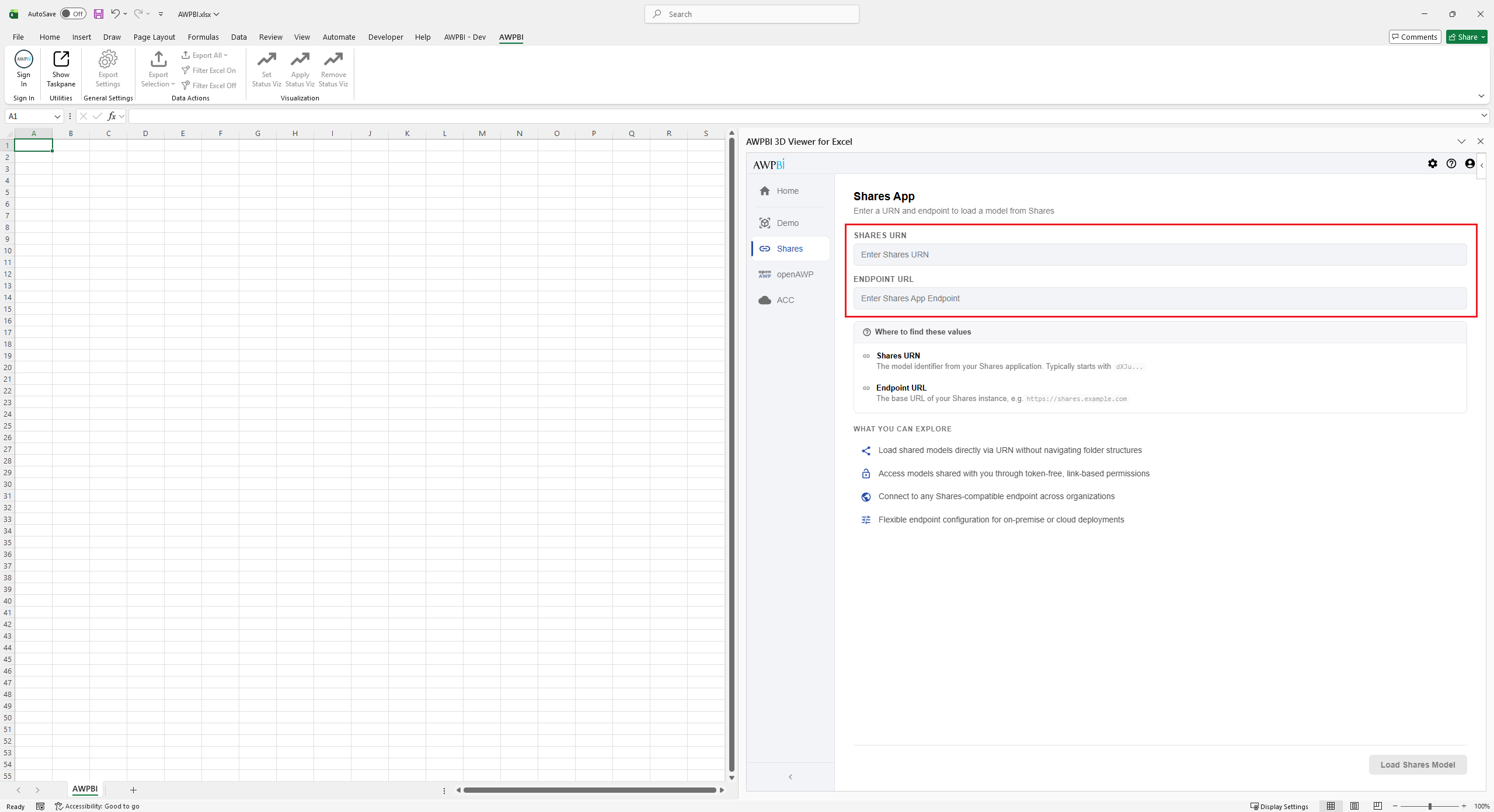 The Shares tab with the Shares URN and Endpoint URL fields
