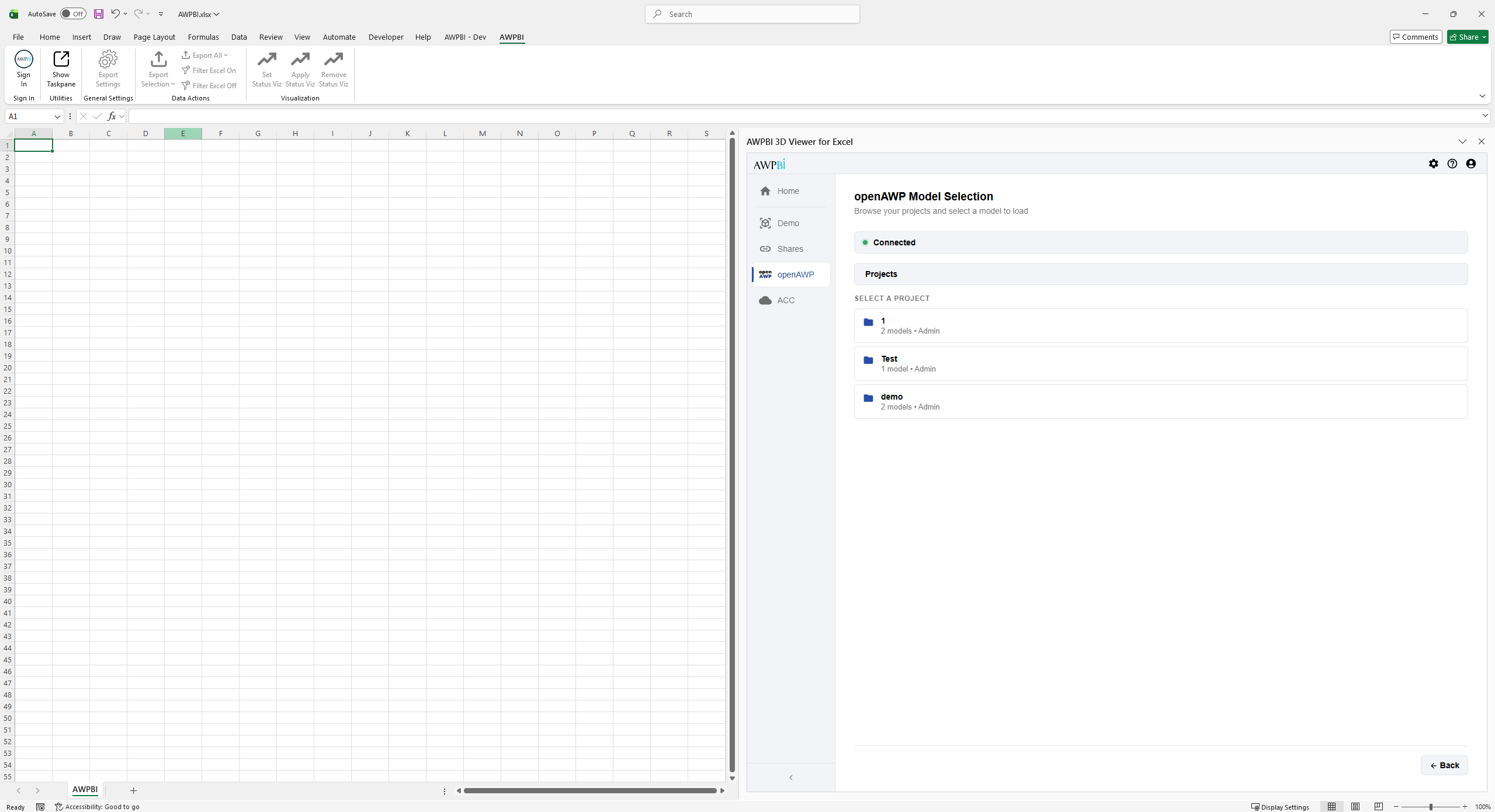 The Select a Project list in the openAWP Model Selection view