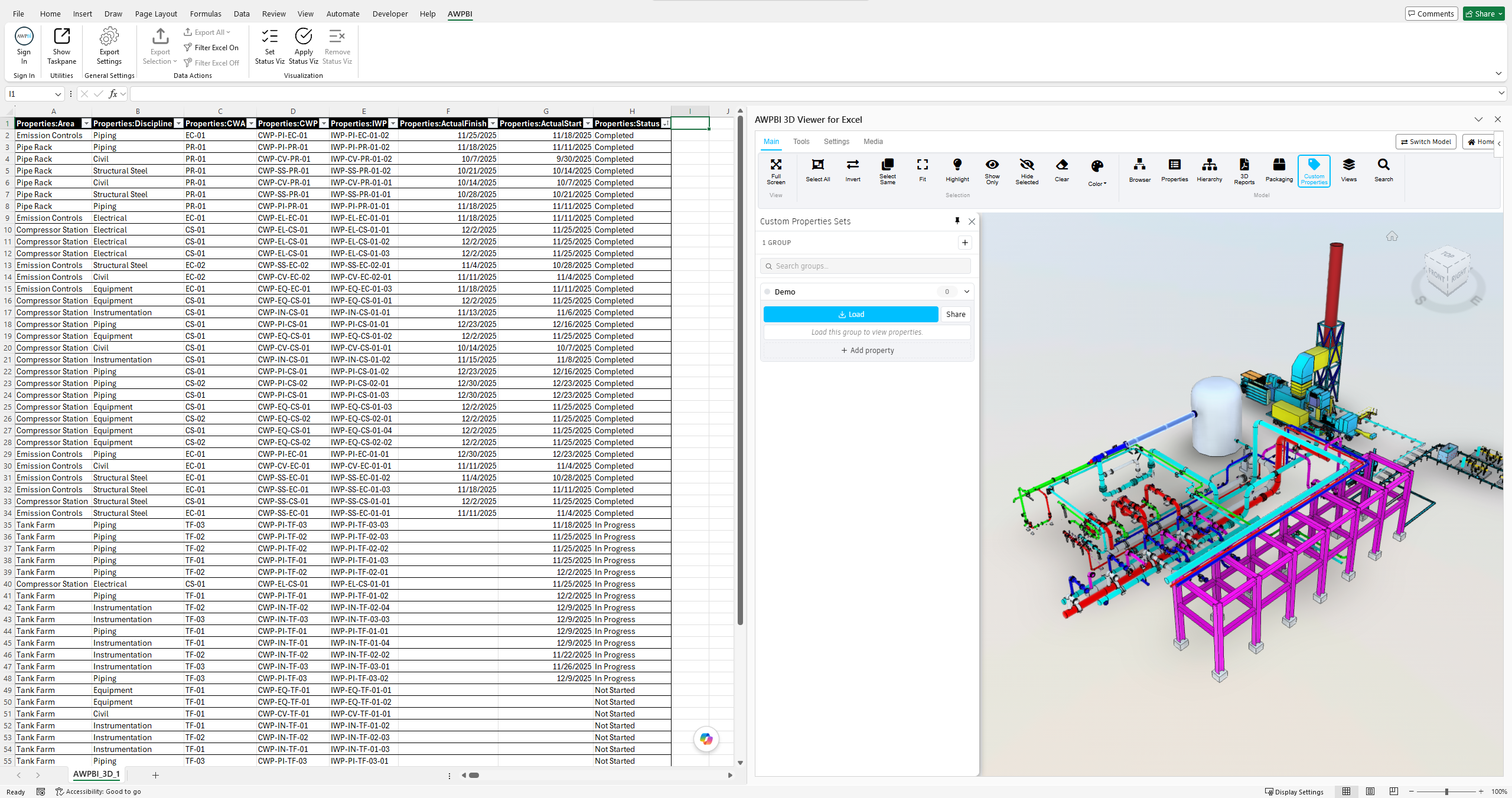 The Custom Properties panel showing openAWP form properties for the selection