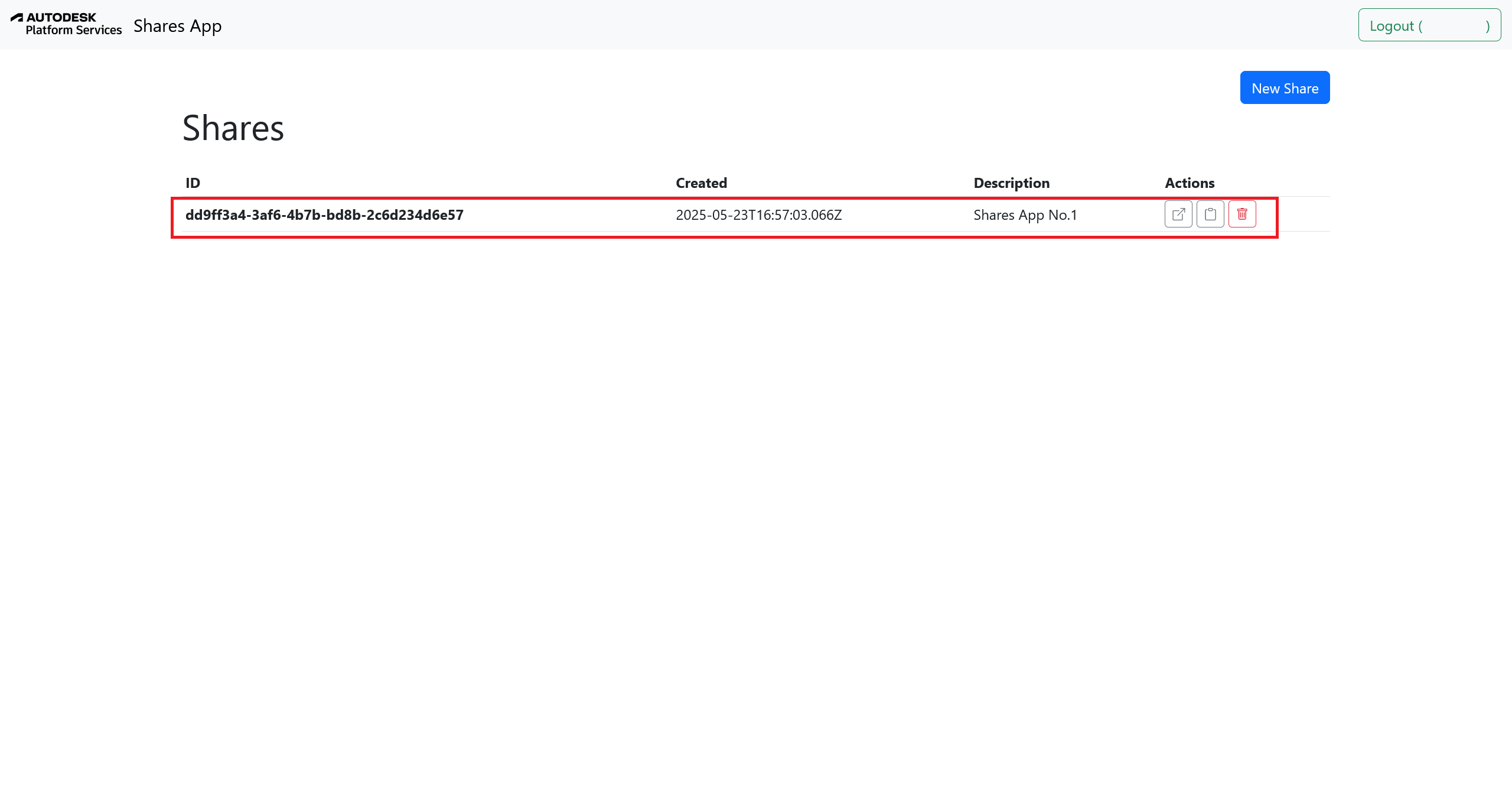 The new share listed in the Shares App with its Actions column