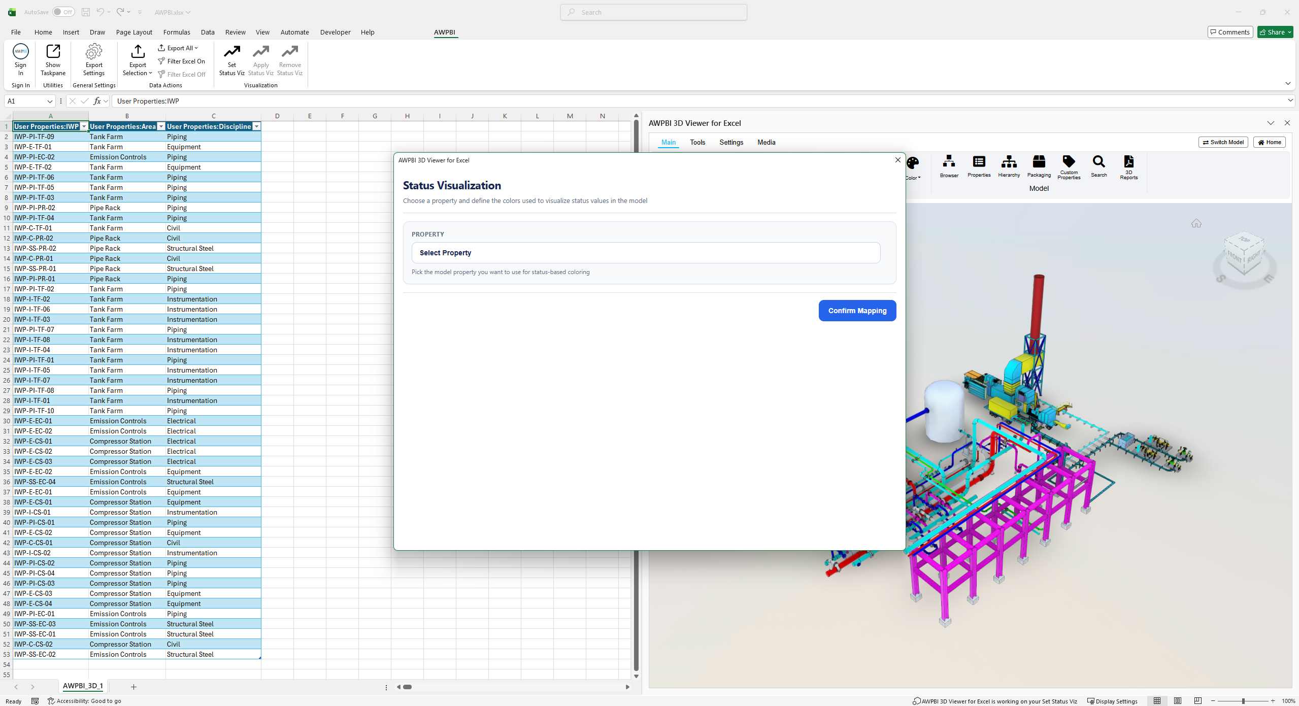 The Status Visualization dialog with the Property dropdown