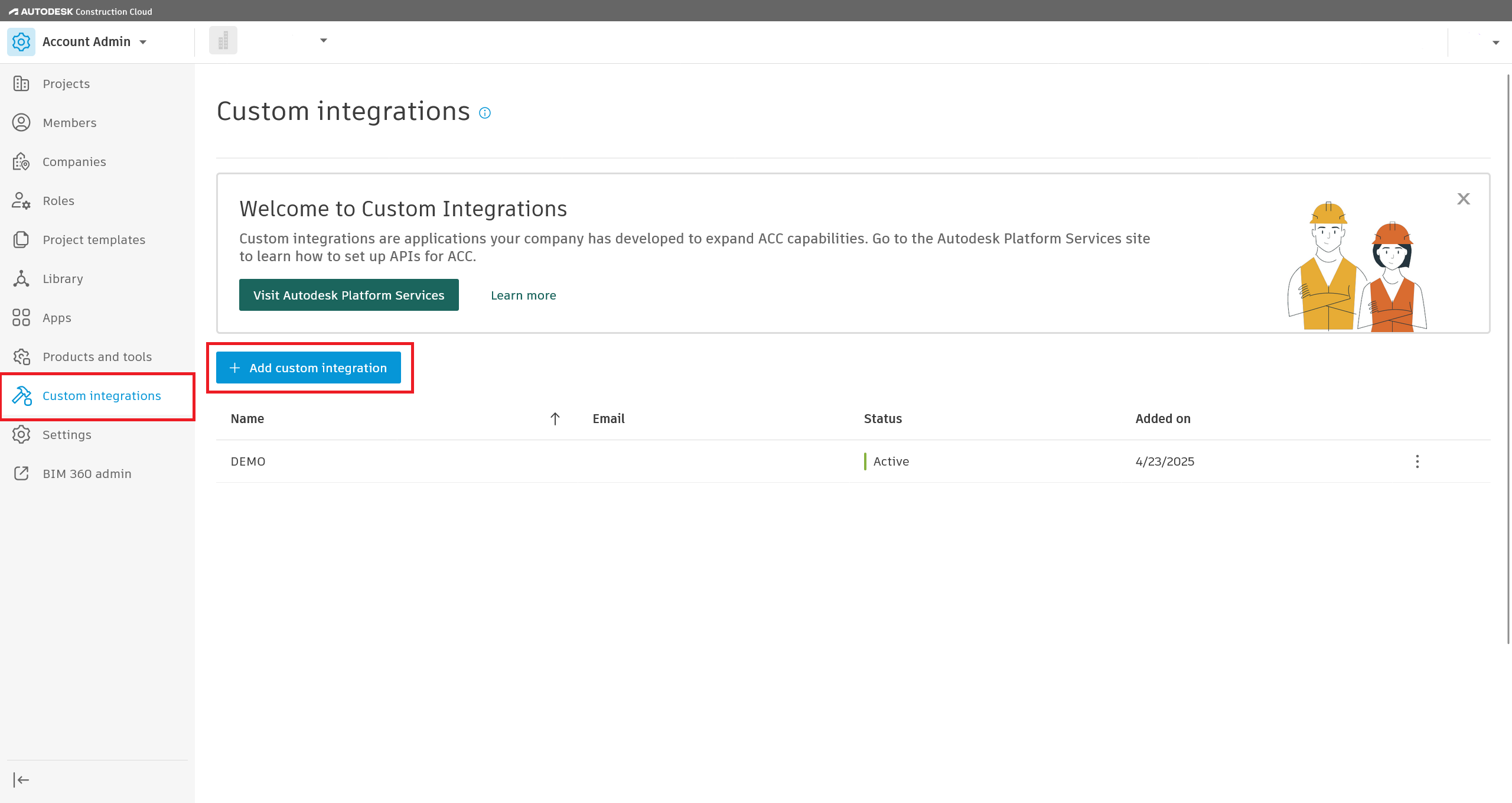 Custom Integrations in the Autodesk Account Administration portal