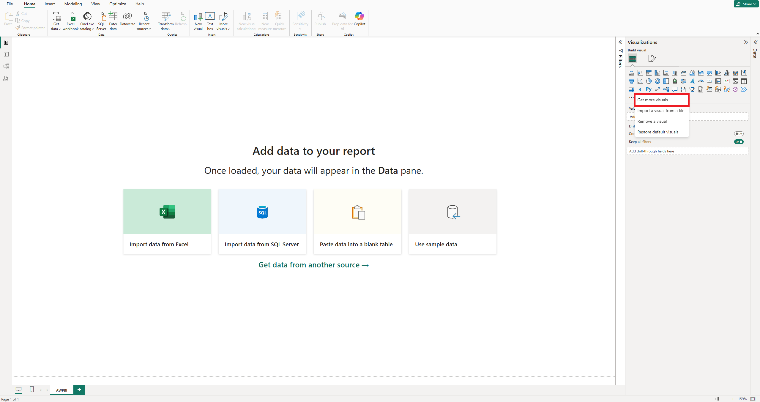 The Get more visuals option in the Visualizations pane menu