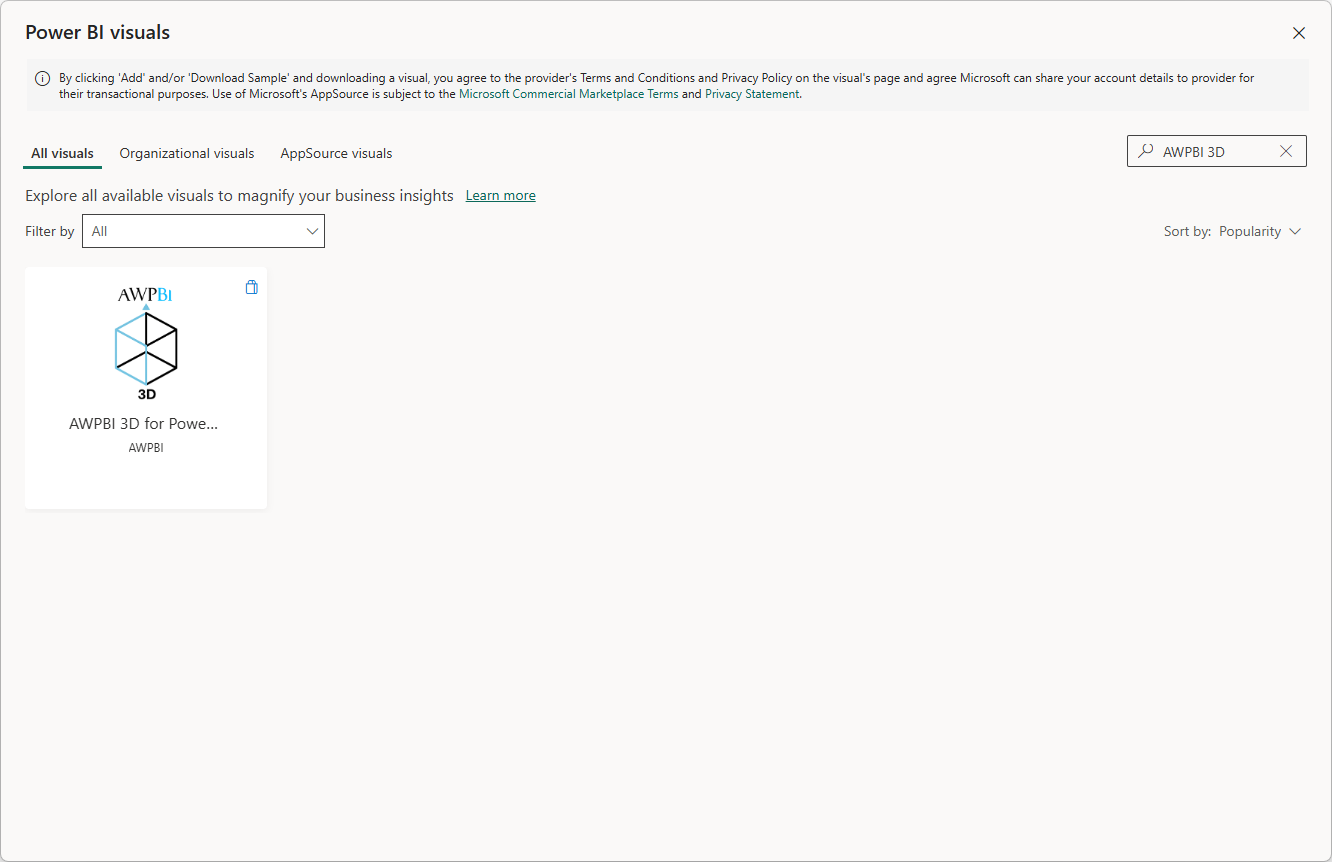 Searching for AWPBI in the Power BI visual marketplace