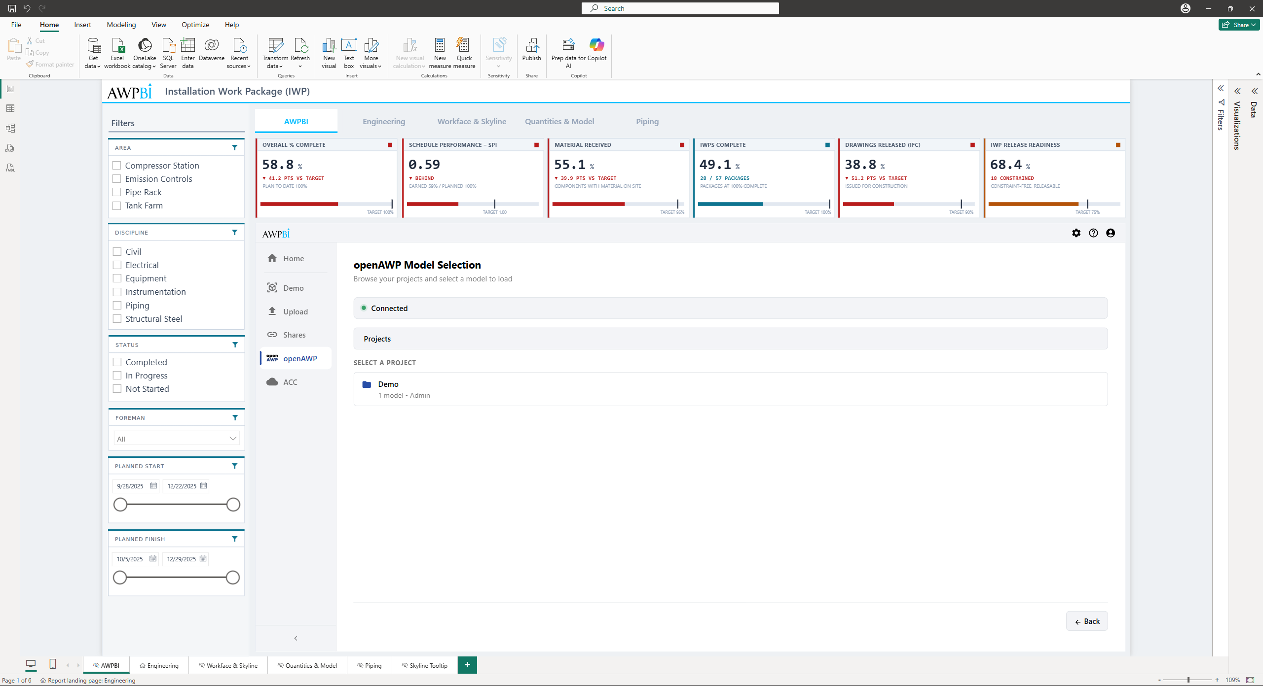 The Select a Project list in the openAWP Model Selection dialog