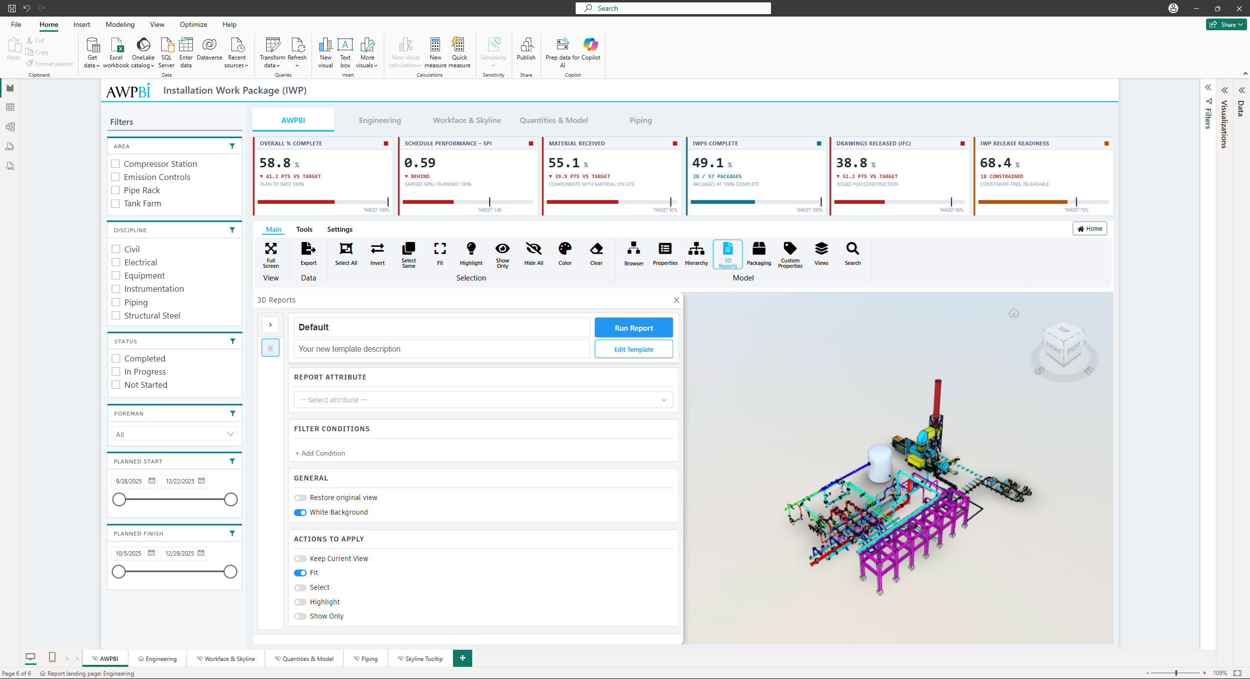 The 3D Reports panel showing a template and its settings