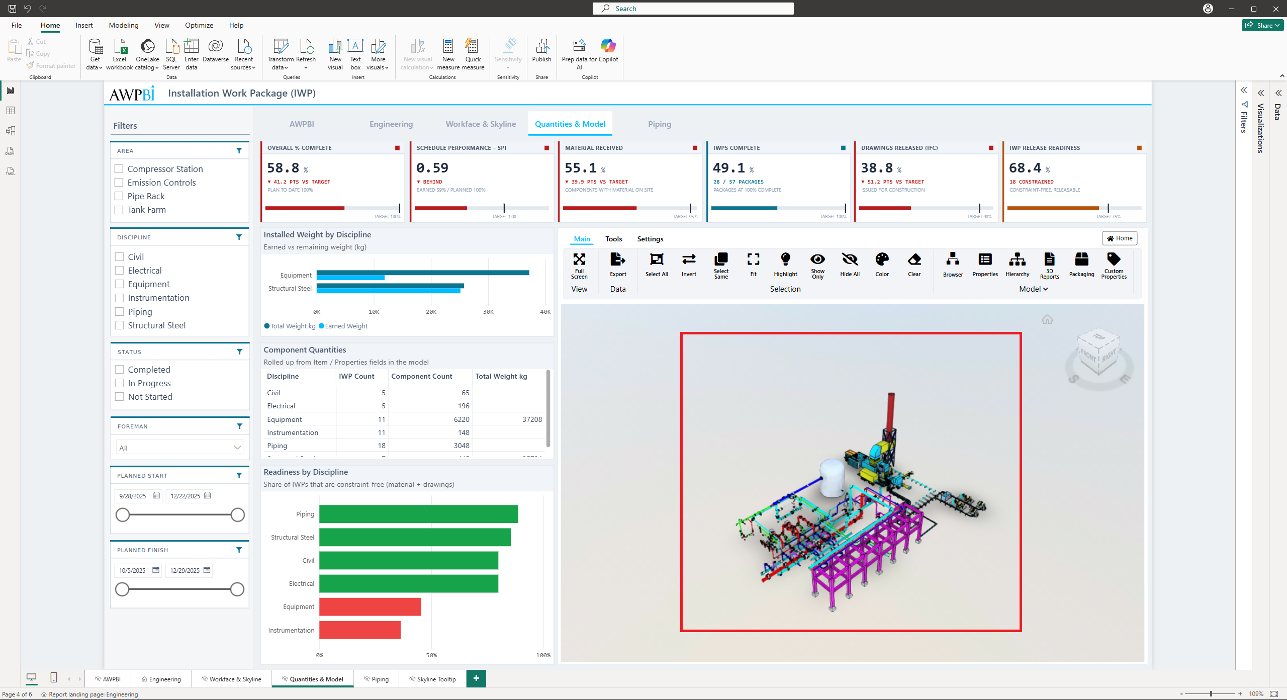 Objects selected in the 3D model within a Power BI report