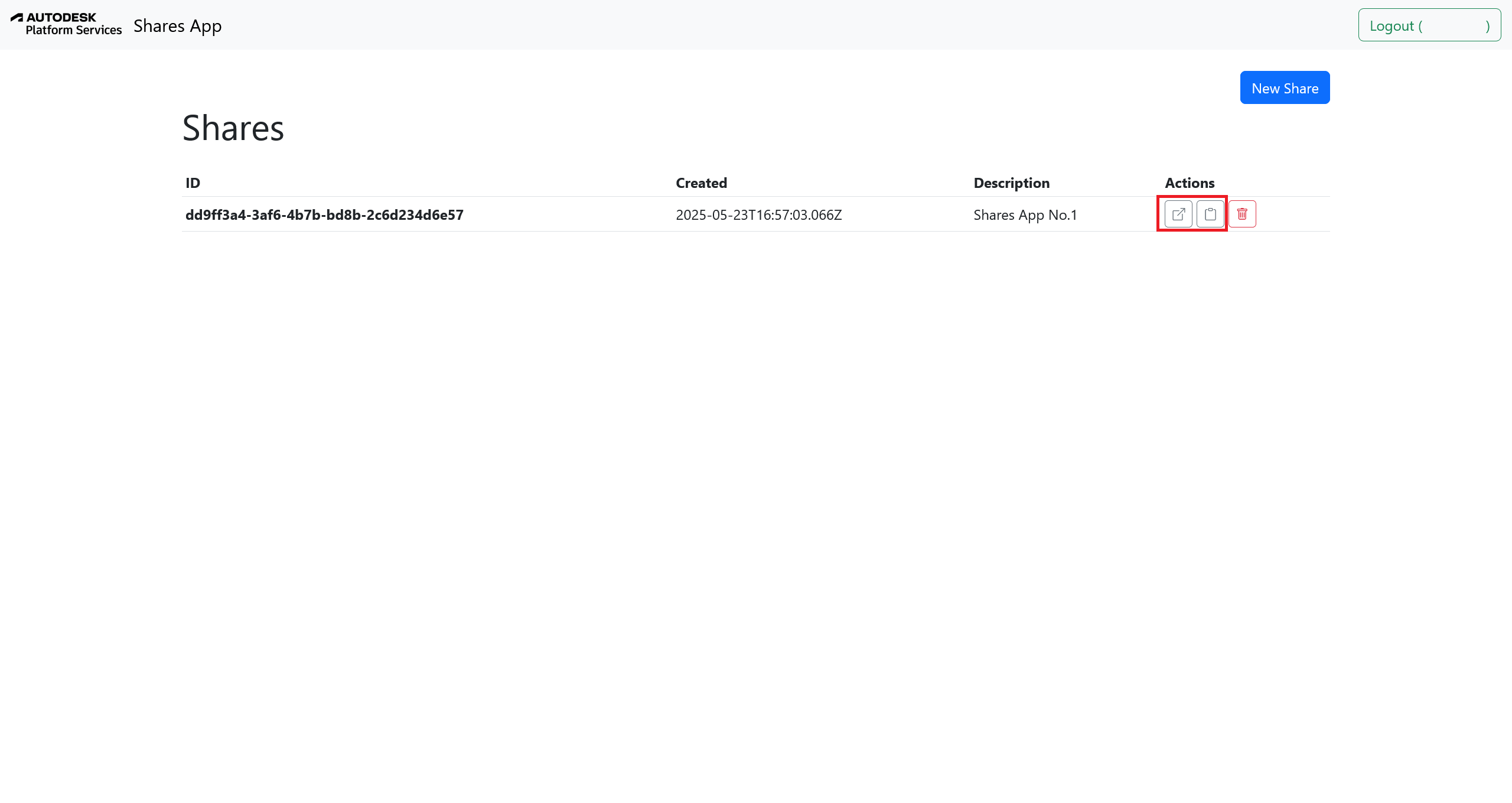 The Open in new tab and Copy to clipboard buttons in the share's Actions column
