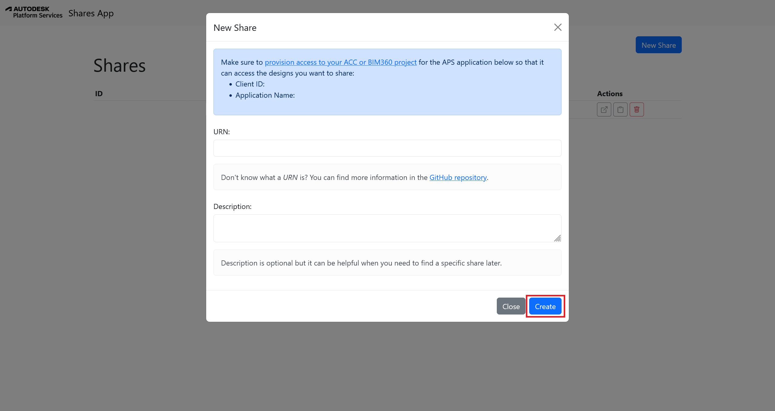 The Create button in the New Share dialog