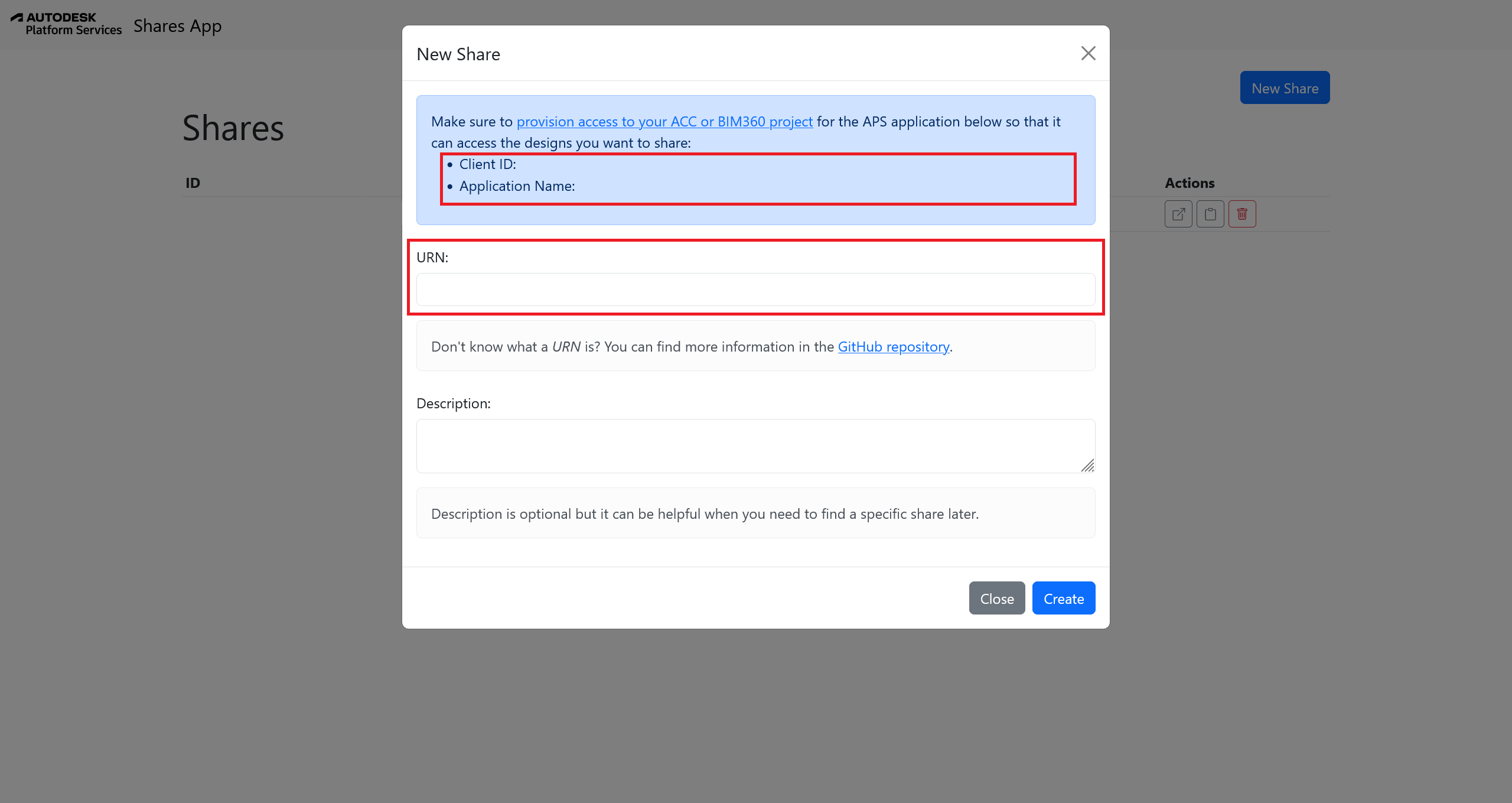 The New Share dialog showing the URN field and the Client ID and Application Name