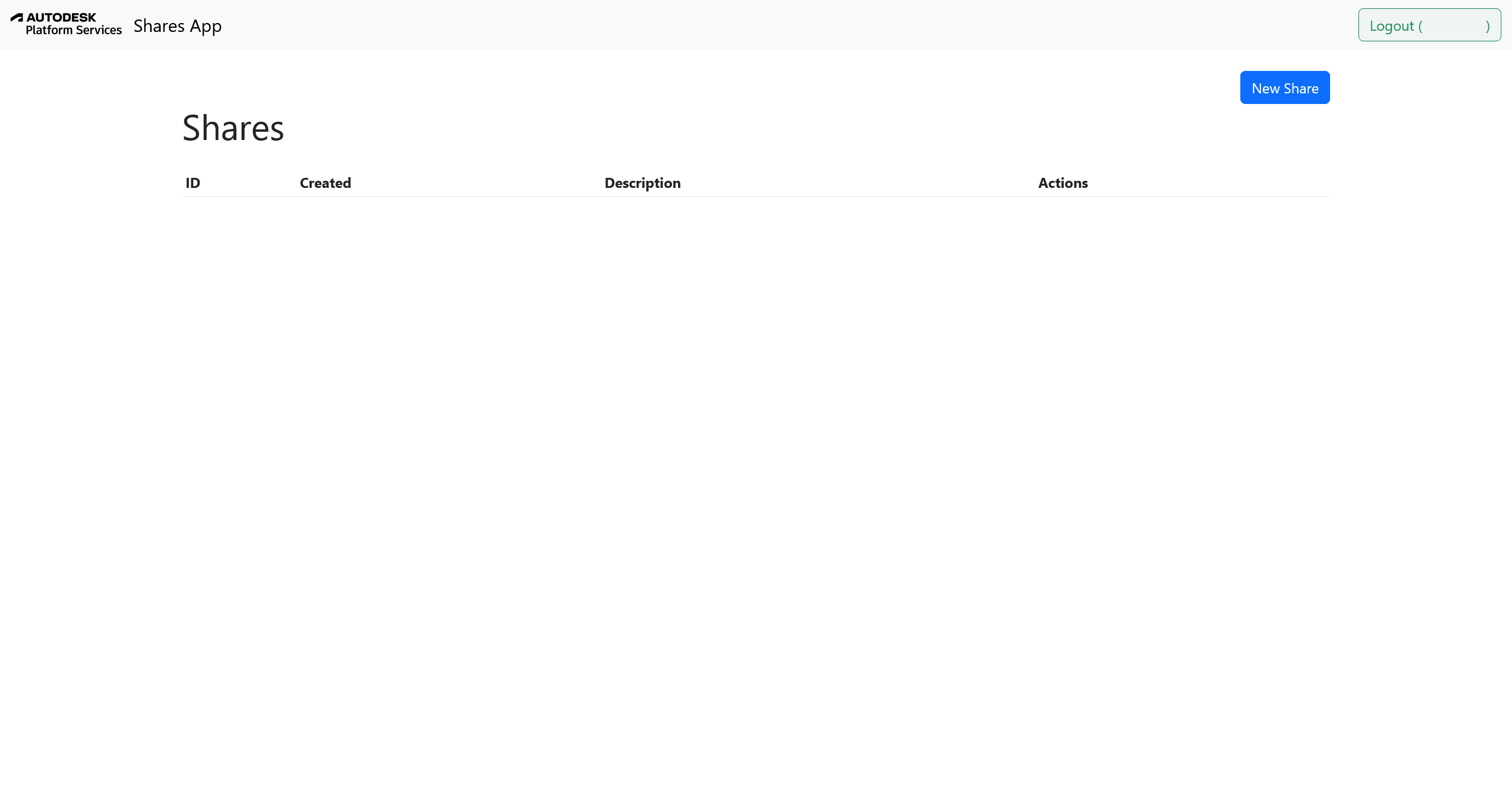 The Shares App portal with an empty list of shares