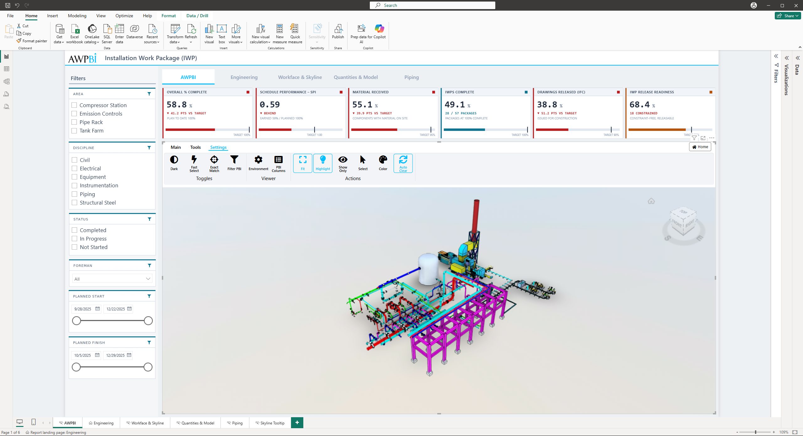 The Settings tab of the 3D for Power BI toolbar