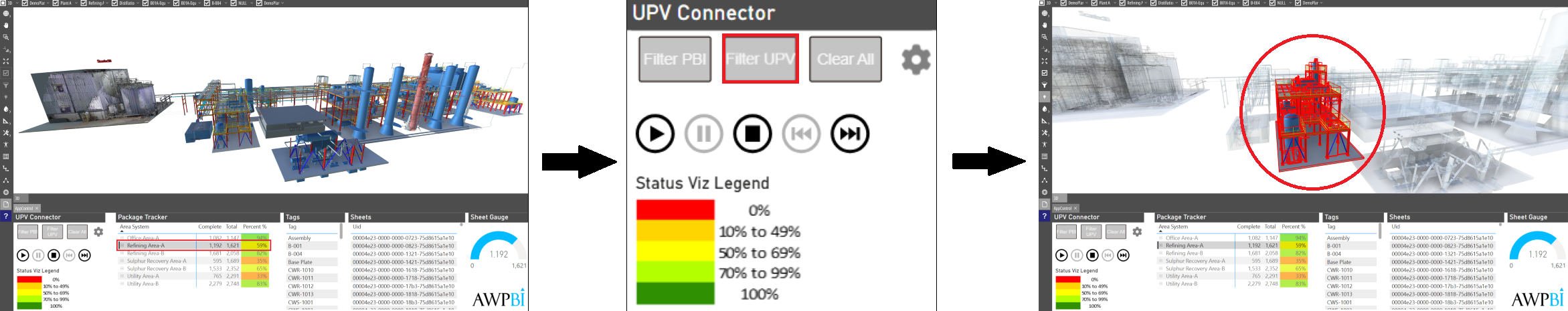 The Filter UPV button filtering the viewer from a report selection