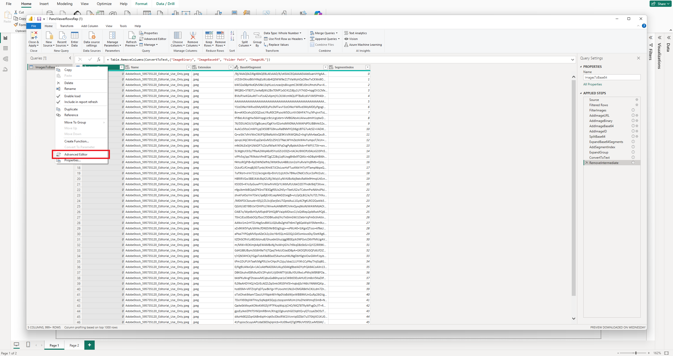 The Advanced Editor option in the query right-click menu