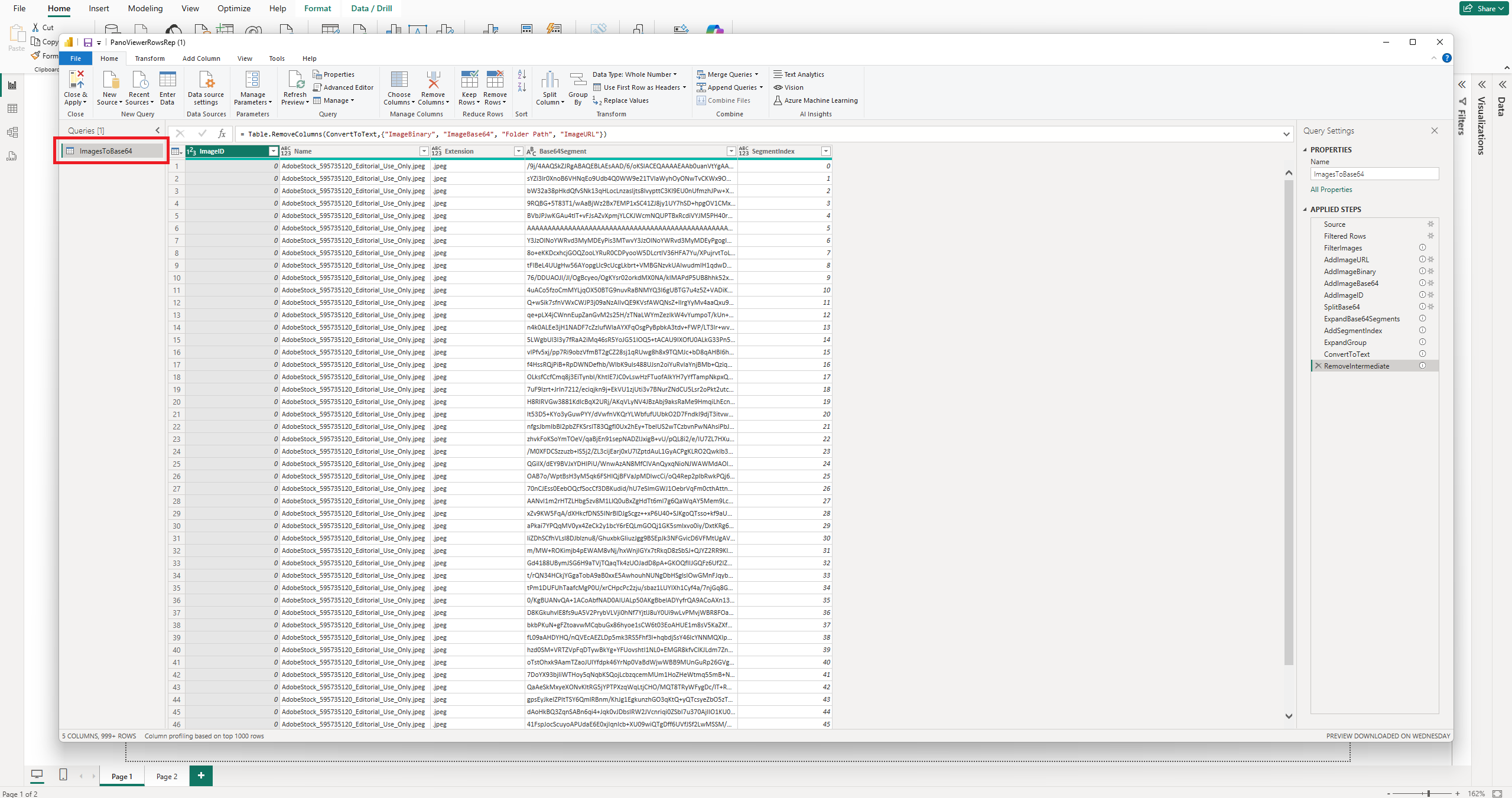 The ImagesToBase64 query in the Power Query Queries panel