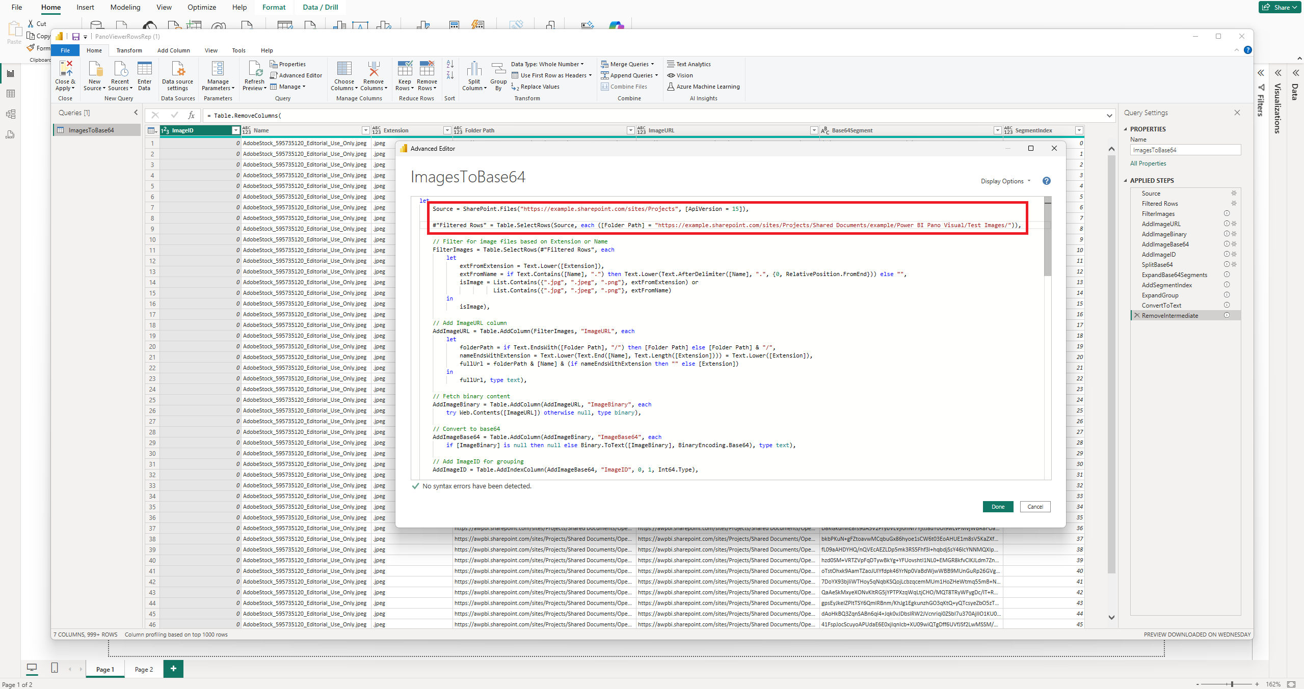 The Advanced Editor with the placeholder URLs replaced